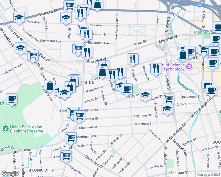 map of restaurants, bars, coffee shops, grocery stores, and more near 204 Seneca Street in Syracuse