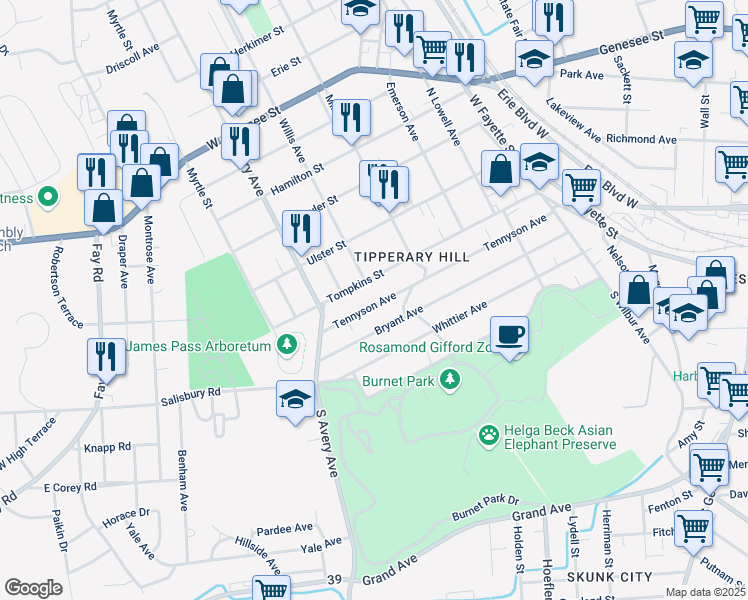 map of restaurants, bars, coffee shops, grocery stores, and more near 434 Tennyson Avenue in Syracuse
