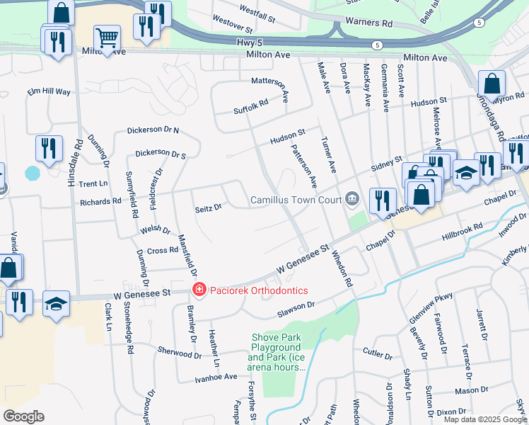 map of restaurants, bars, coffee shops, grocery stores, and more near 104 Mansfield Road in Camillus