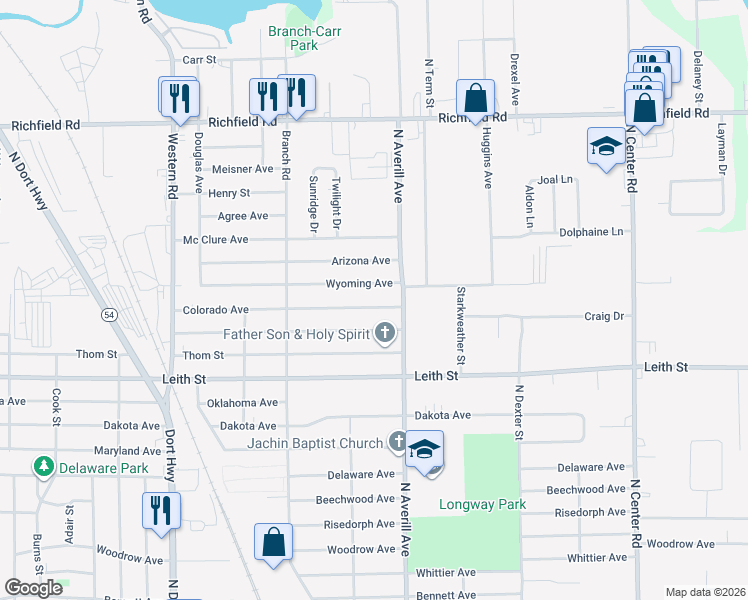 map of restaurants, bars, coffee shops, grocery stores, and more near 3210 Wyoming Avenue in Flint