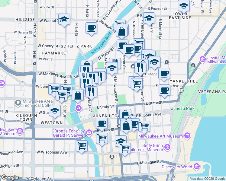map of restaurants, bars, coffee shops, grocery stores, and more near 1121 North Milwaukee Street in Milwaukee