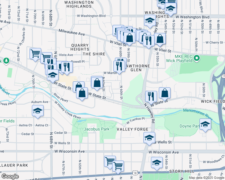 map of restaurants, bars, coffee shops, grocery stores, and more near 700 North 60th Street in Wauwatosa