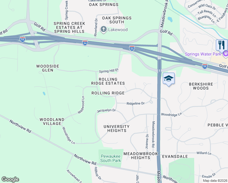map of restaurants, bars, coffee shops, grocery stores, and more near N10W27274 Rolling Ridge Drive in Waukesha