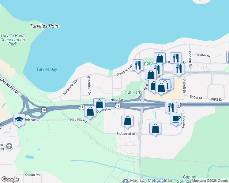 map of restaurants, bars, coffee shops, grocery stores, and more near 5437 Esther Beach Road in Madison