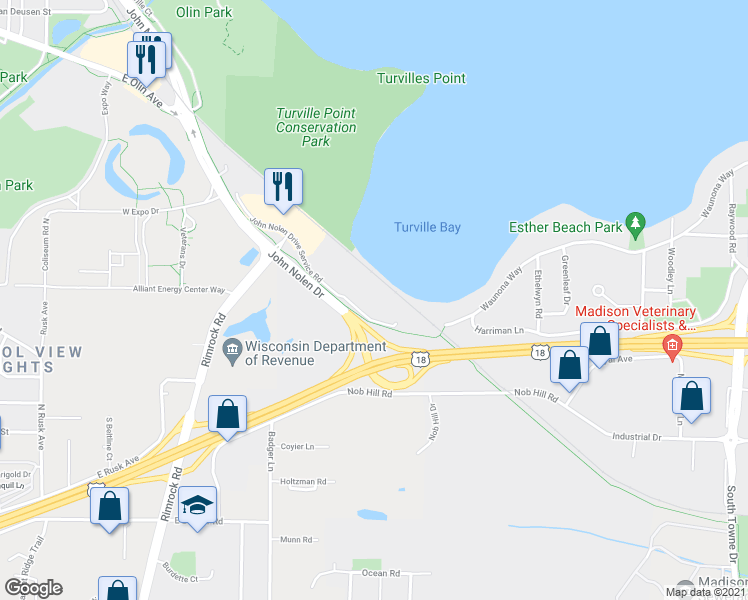 map of restaurants, bars, coffee shops, grocery stores, and more near 960 John Nolen Drive in Madison