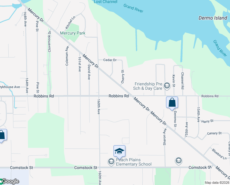 map of restaurants, bars, coffee shops, grocery stores, and more near 15874 Mercury Drive in Grand Haven