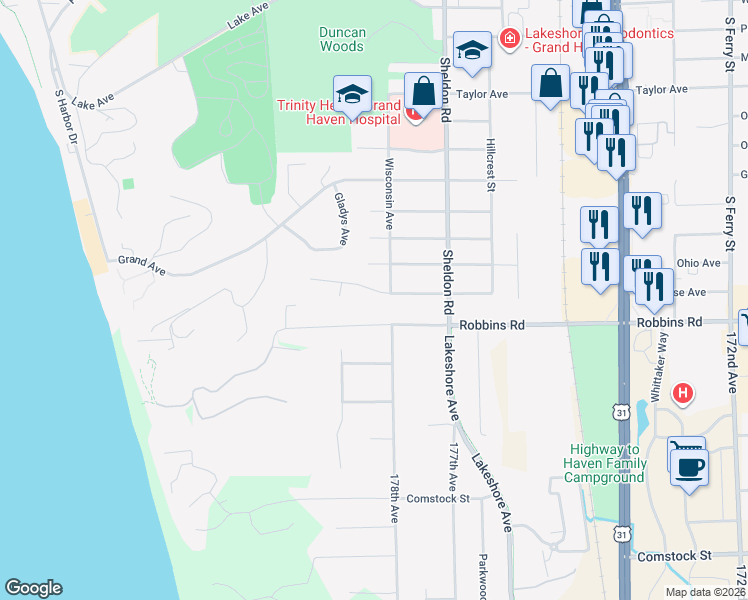 map of restaurants, bars, coffee shops, grocery stores, and more near 1921 Wisconsin Avenue in Grand Haven