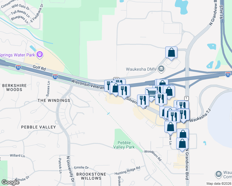 map of restaurants, bars, coffee shops, grocery stores, and more near 2333 Silvernail Road in Pewaukee