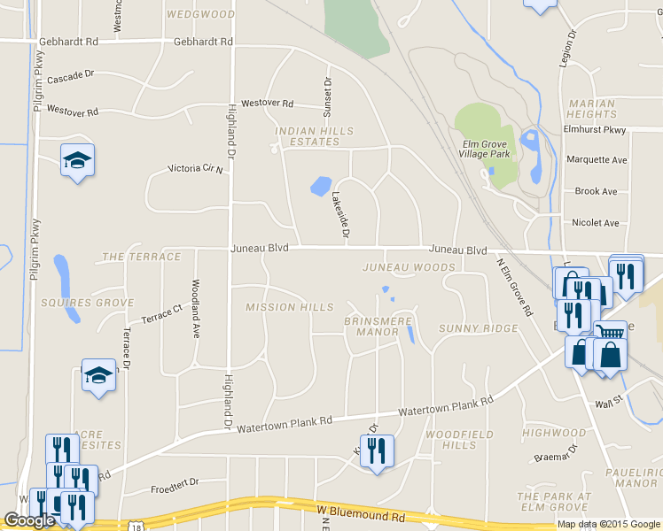 map of restaurants, bars, coffee shops, grocery stores, and more near 14405 Juneau Blvd in Elm Grove