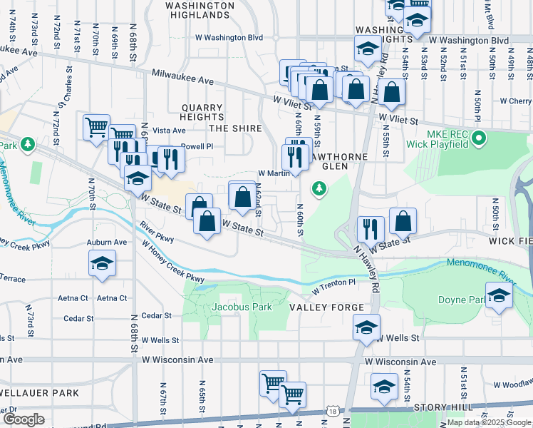 map of restaurants, bars, coffee shops, grocery stores, and more near 6100 West State Street in Wauwatosa