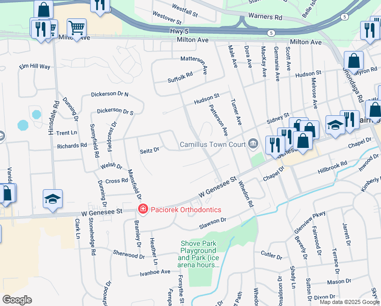 map of restaurants, bars, coffee shops, grocery stores, and more near 104 Mansfield Road in Camillus