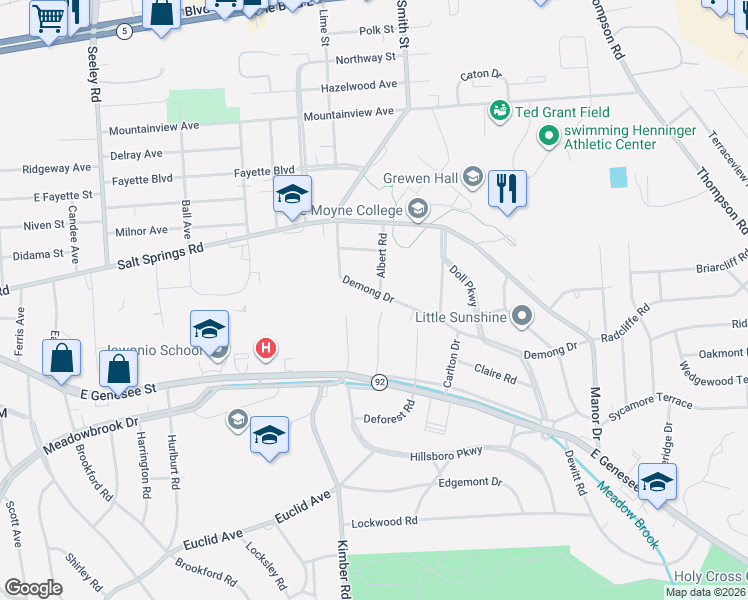 map of restaurants, bars, coffee shops, grocery stores, and more near 314 Demong Drive in Syracuse