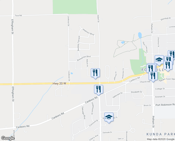 map of restaurants, bars, coffee shops, grocery stores, and more near 68 Abbott Place in Pelham