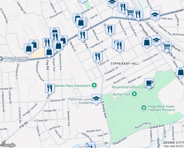 map of restaurants, bars, coffee shops, grocery stores, and more near 110 Avoca Street in Syracuse