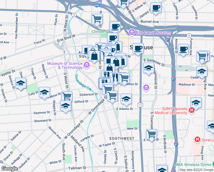 map of restaurants, bars, coffee shops, grocery stores, and more near in Syracuse