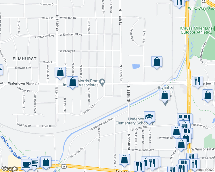 map of restaurants, bars, coffee shops, grocery stores, and more near 11725 West Watertown Plank Road in Wauwatosa