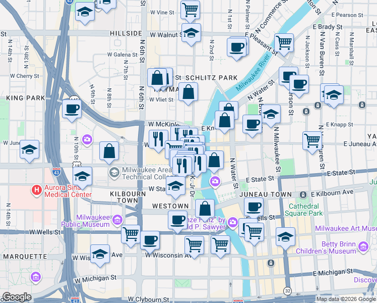 map of restaurants, bars, coffee shops, grocery stores, and more near 311 West Juneau Avenue in Milwaukee