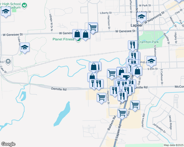 map of restaurants, bars, coffee shops, grocery stores, and more near 1880 Demille Road in Lapeer