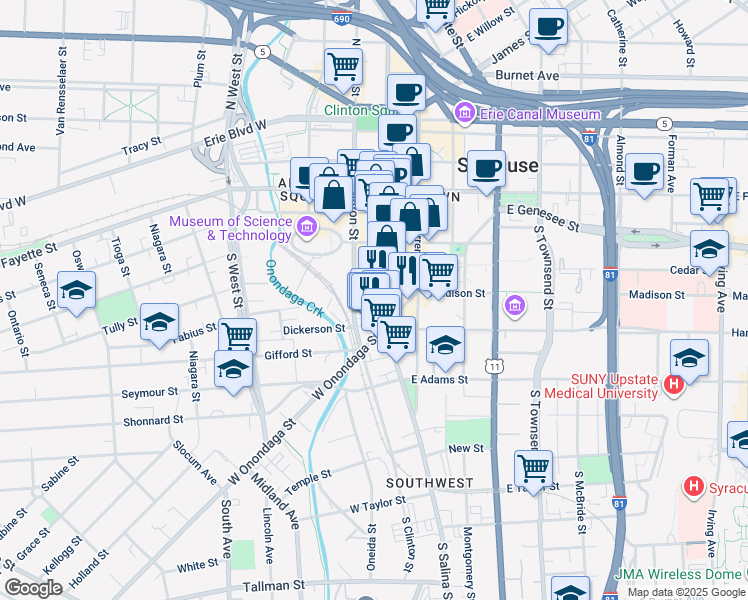 map of restaurants, bars, coffee shops, grocery stores, and more near in Syracuse