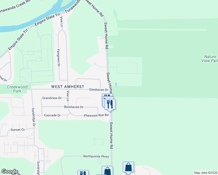 map of restaurants, bars, coffee shops, grocery stores, and more near 3154 Sweet Home Road in Buffalo