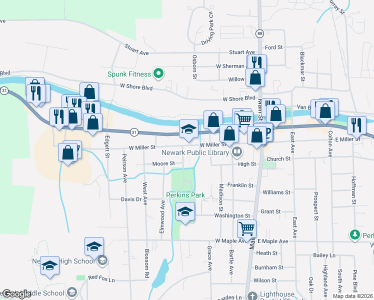 map of restaurants, bars, coffee shops, grocery stores, and more near 328 West Miller Street in Newark