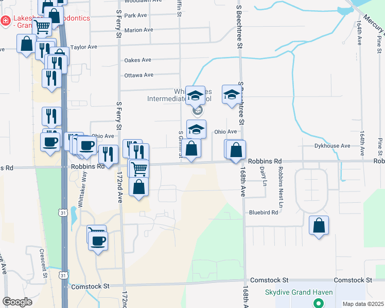 map of restaurants, bars, coffee shops, grocery stores, and more near 1700 South Griffin Street in Grand Haven
