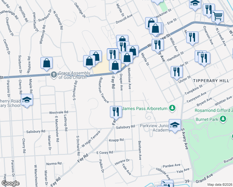 map of restaurants, bars, coffee shops, grocery stores, and more near 213 Fay Road in Syracuse