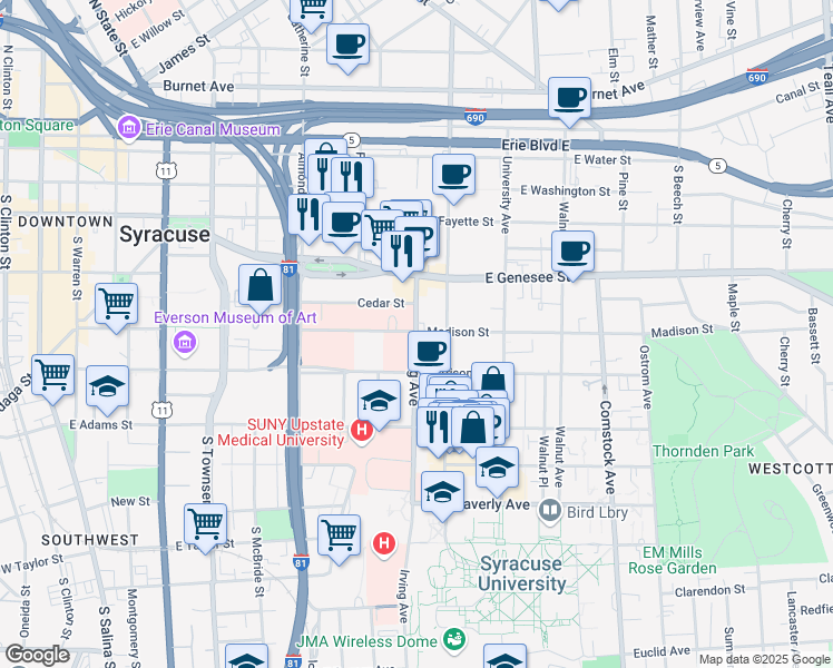 map of restaurants, bars, coffee shops, grocery stores, and more near 635 Madison Street in Syracuse
