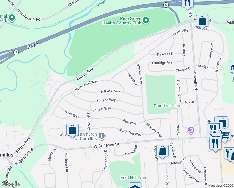map of restaurants, bars, coffee shops, grocery stores, and more near 136 Hillside Way in Camillus