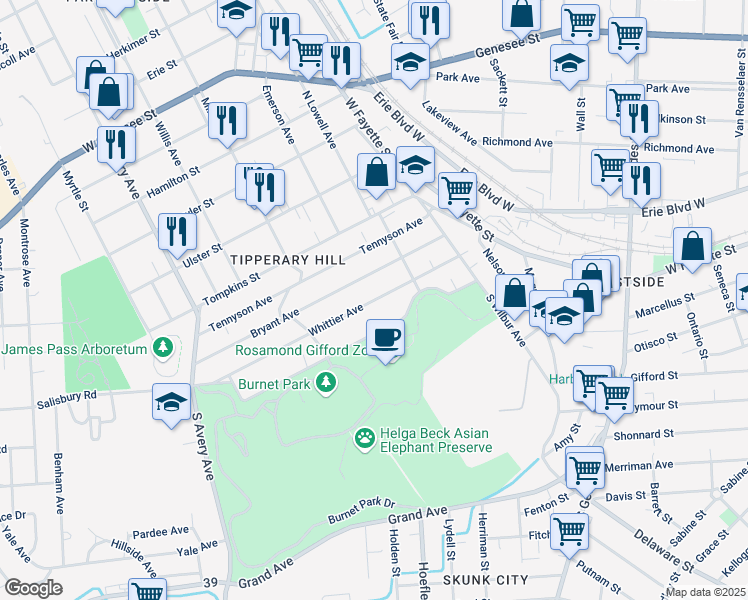 map of restaurants, bars, coffee shops, grocery stores, and more near 258 Whittier Avenue in Syracuse