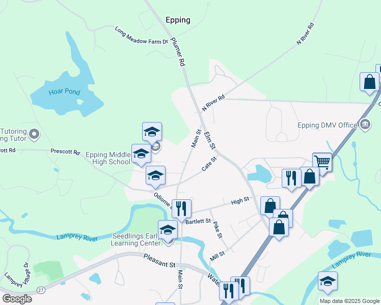map of restaurants, bars, coffee shops, grocery stores, and more near 244 Main Street in Epping