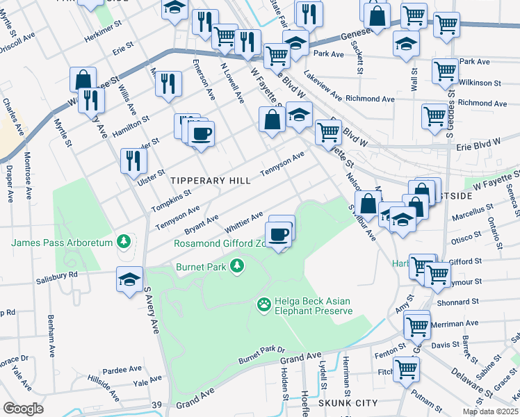 map of restaurants, bars, coffee shops, grocery stores, and more near 258 Whittier Avenue in Syracuse