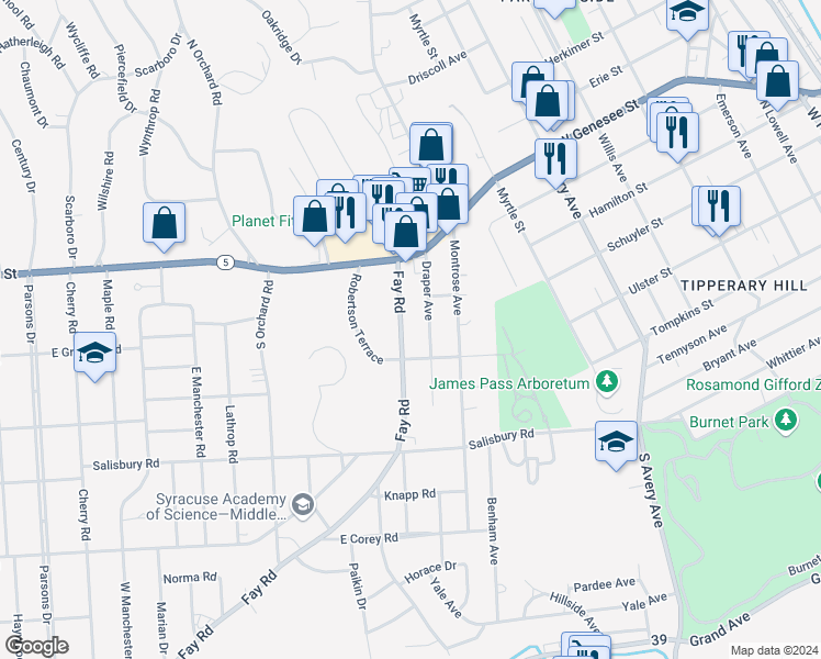 map of restaurants, bars, coffee shops, grocery stores, and more near 213 Fay Road in Syracuse