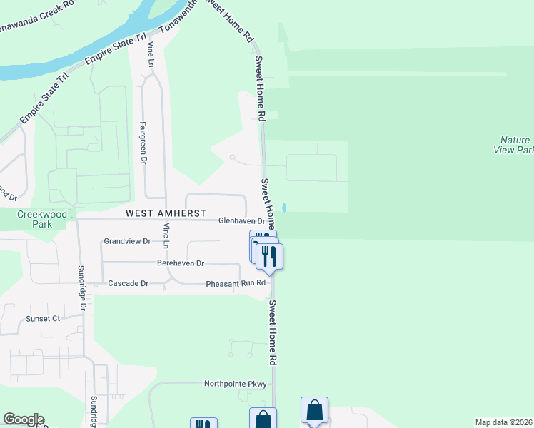 map of restaurants, bars, coffee shops, grocery stores, and more near 3154 Sweet Home Road in Buffalo