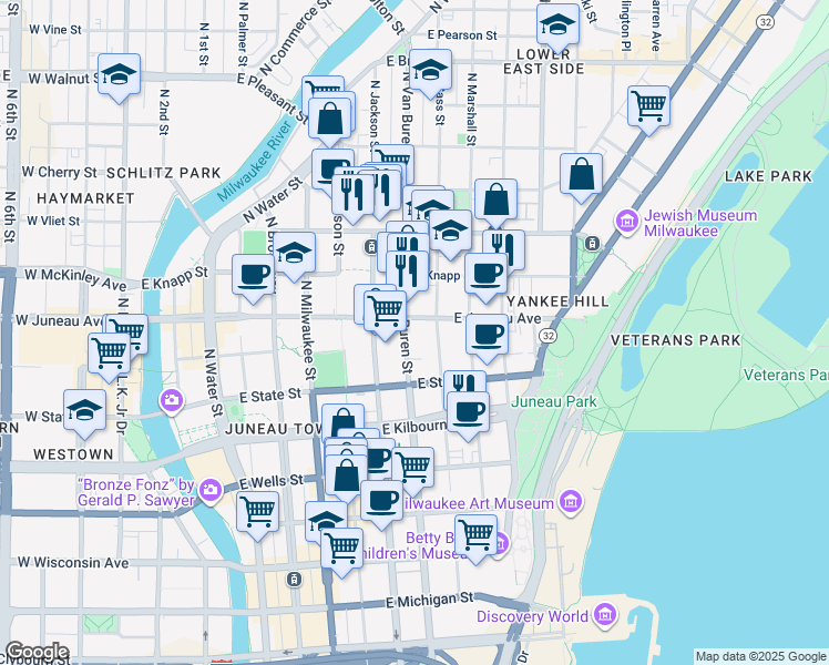map of restaurants, bars, coffee shops, grocery stores, and more near 723 East Juneau Avenue in Milwaukee