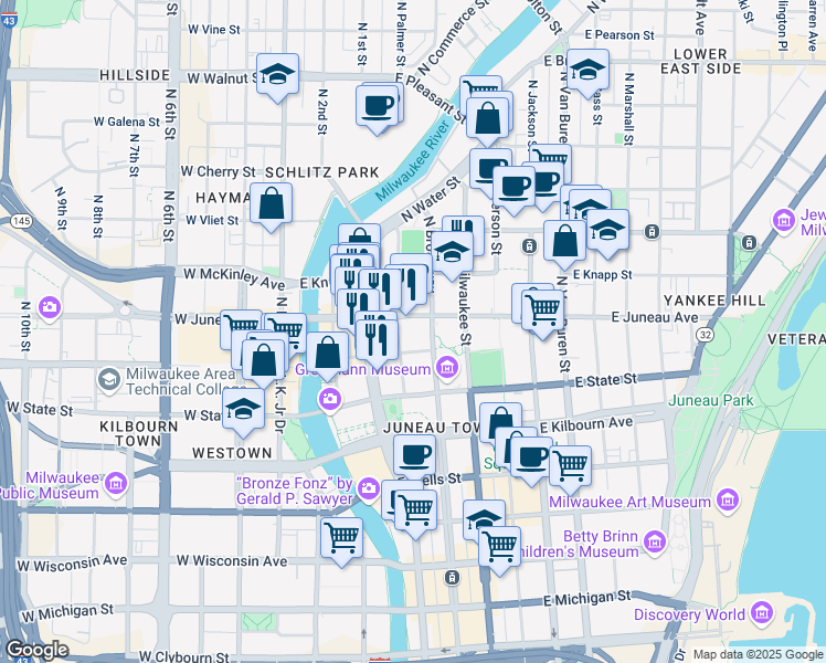 map of restaurants, bars, coffee shops, grocery stores, and more near 270 East Highland Avenue in Milwaukee