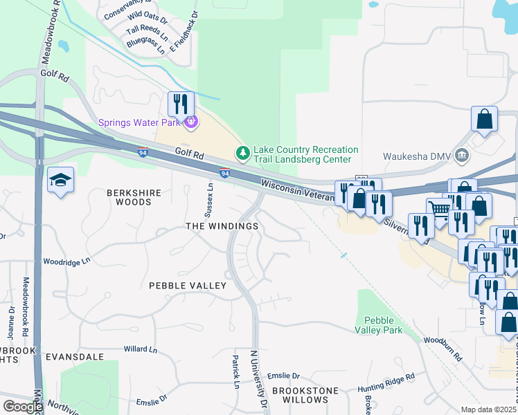 map of restaurants, bars, coffee shops, grocery stores, and more near 2609 Fielding Lane in Waukesha