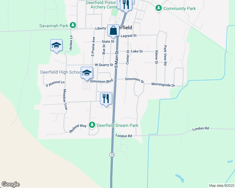 map of restaurants, bars, coffee shops, grocery stores, and more near 510 South Main Street in Deerfield