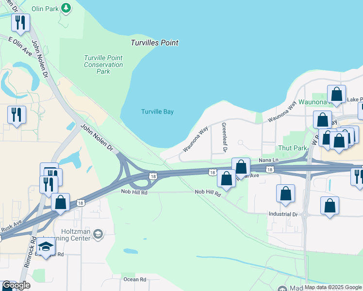 map of restaurants, bars, coffee shops, grocery stores, and more near 3036 Waunona Way in Madison