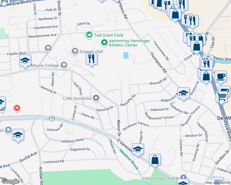 map of restaurants, bars, coffee shops, grocery stores, and more near 110 Sherbrooke Road in Syracuse