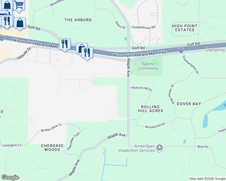 map of restaurants, bars, coffee shops, grocery stores, and more near W302N1025 Maple Avenue in Waukesha