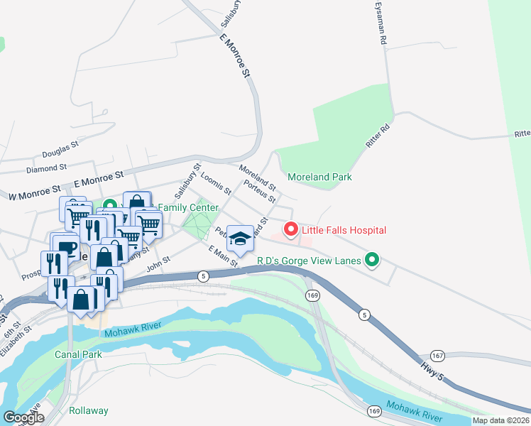 map of restaurants, bars, coffee shops, grocery stores, and more near 74 Ward Street in Little Falls