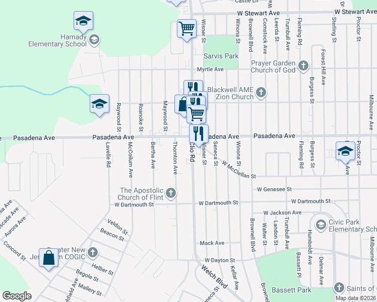 map of restaurants, bars, coffee shops, grocery stores, and more near in Flint