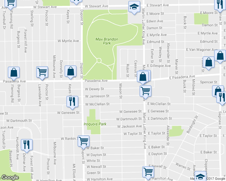 map of restaurants, bars, coffee shops, grocery stores, and more near 321 West Dewey Street in Flint