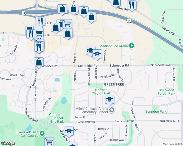 map of restaurants, bars, coffee shops, grocery stores, and more near 910 Laurie Drive in Madison