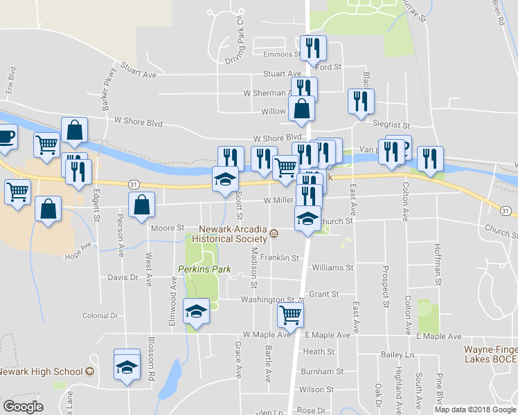 map of restaurants, bars, coffee shops, grocery stores, and more near 212 West Miller Street in Newark