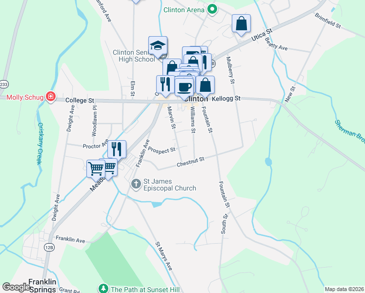 map of restaurants, bars, coffee shops, grocery stores, and more near 17 Marvin Street in Clinton