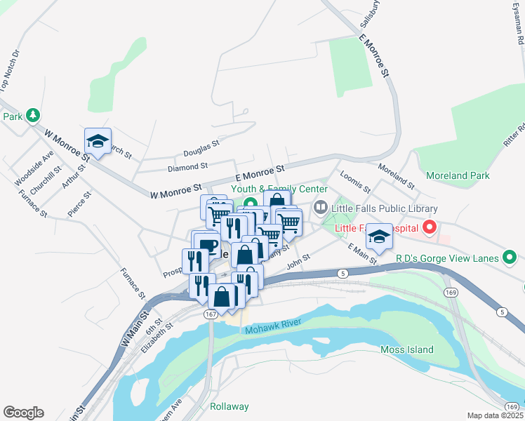 map of restaurants, bars, coffee shops, grocery stores, and more near 546 Garden Street in Little Falls