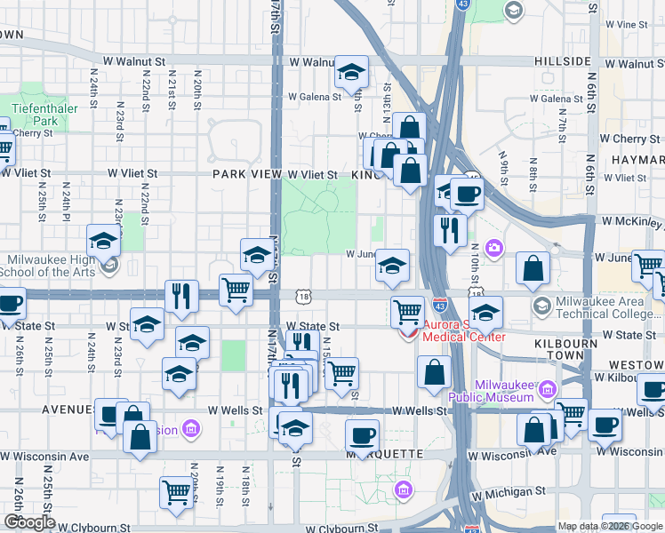 map of restaurants, bars, coffee shops, grocery stores, and more near 1142 North 15th Street in Milwaukee