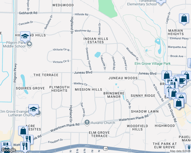 map of restaurants, bars, coffee shops, grocery stores, and more near 14405 Juneau Boulevard in Elm Grove